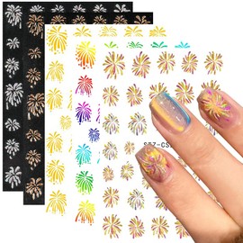 5Sheets Gold Silver Nail Art Stickers Colorful Fireworks Nail Decals 3D Nail Art Supplies Holographic Luxury Sparkling Glitter Laser Blooming Pyrotechnics New Year Manicure Decorations for Women Girls