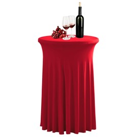 Fhberni - Mantel redondo de elastano de 32 x 43 pulgadas con falda, mantel de mesa de bar elástico ajustado, 1 paquete, base circular alta, ajustable, para bodas, fiestas, banquetes, color rojo