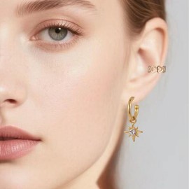 VTSKAIIE 2 Pairs14K Gold Small Drop Huggie Hoop Earring Ball Earstud Clip on for Women |Star Pedant Hypoallergenic Dangle Dainty Earrings |Wedding Jewelry Gifts for Women Trendy