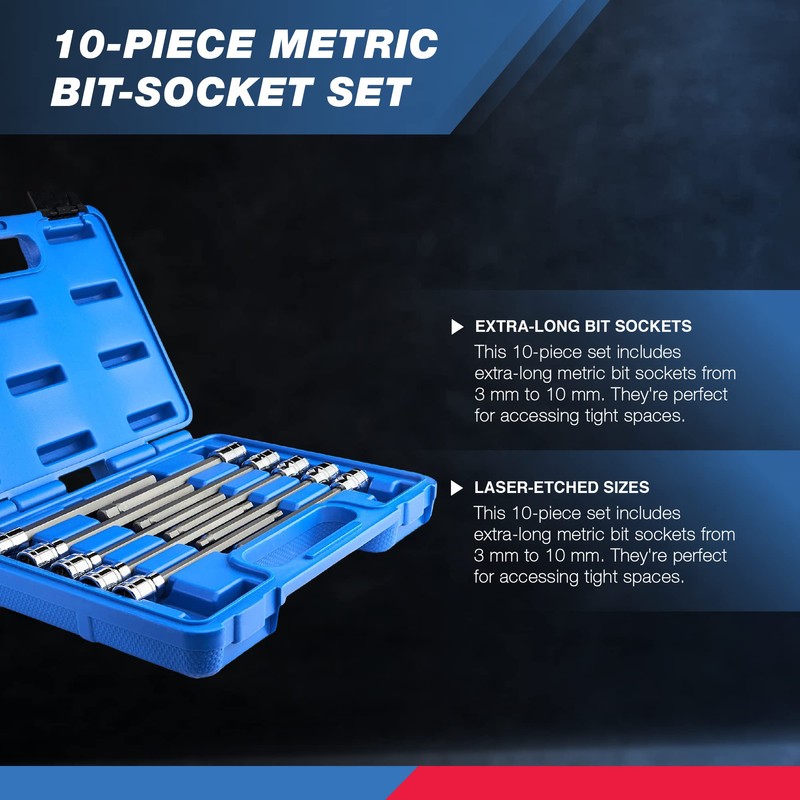 NEIKO 10077A 3/8” Drive Metric Extra Long Allen Hex Bit