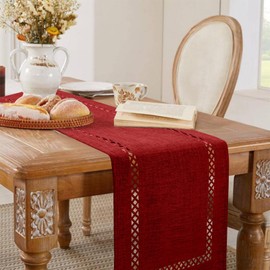BAZIOE Modern Table Runner Red Linen Table Runner Washable Openwork Design Ideal for Holiday Party Decoration, Dining Table, Restaurant, Christmas Party