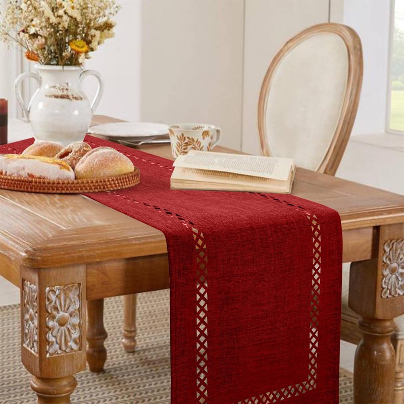 BAZIOE Modern Table Runner Red Linen Table Runner Washable Openwork