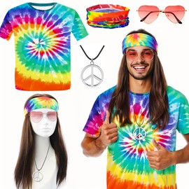 70s Hippie Costume Men's Set 5-Piece Hippie T-Shirt Wig Sunglasses Peace Chain Headband Hippie Accessories Hippie Wig Men's 70s Clothing Men's 70s 80s Carnival Costume