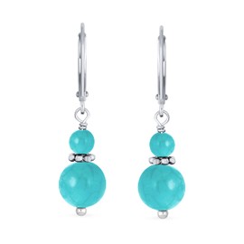 Gemstone Natural Blue Turquoise Boho Bali Milgrain Edged Beaded Rondel Separator Double Ball Round Drop Dangle Earrings For Women Teen .925 Sterling Silver Lever back