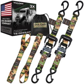 VULCAN Ratchet Strap Tie Down Kit - 1.6" x 8' - 3X Stronger Than 1" Tie Downs - Camouflage - (2) Ratchets with Rubber Handles, (2) 8' Straps with Latching S-Hooks, (2) Soft Loop Tie-Down Extensions