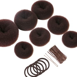 Teenitor Brown Hair Donut Bun Maker Set, 7pcs Hair Donut Bun Ring with 5pcs Brown Elastic Hair Bands with 20pcs Hair Pins, Hair Bun Doughnut for Ballet Girls Kids, Extra Large Medium Small