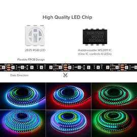 WS2811 RGB IC LED Strip 5 m 108 LEDs/m High Density Light Strip DC24 V Width 8 mm Dimmable Dream Colour Light Strip IP65 Waterproof FCB Black for Interior Decoration DIY Projects