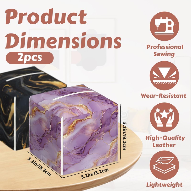 2 Pcs Black Gold Marble Tissue Box Cover Leather Tissue