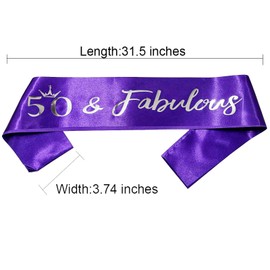 NAUXIUDSJS 50th Birthday Sash, Fabulous 50 Birthday Purple Satin Sash with Silver Foil Letter, Happy 50th Birthday Accessories Decorations Party Favor,Purple Silver