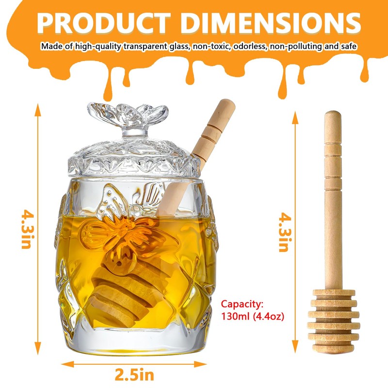 kanpura Clear Crystal Honey Jar with Dipper and Lid, Honey