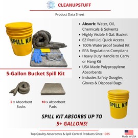 CleanUp Stuff Original Bucket Spill Kit - Universal Absorbents & 5-Gallon Yellow Bucket - Spill Pads & Absorbent Socks for Water, Oil Spill Clean Up and More - Absorb 5 Gallons of Fluid (Made in USA)