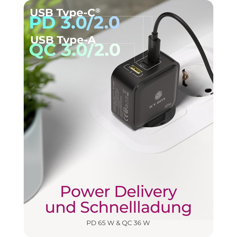 ICY BOX GaN Charger 65W - USB-C & USB-A, Power