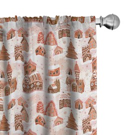 Ambesonne Christmas Window Curtains, Xmas Season Theme with Ginger House and Pine Tree Cookies Illustration, Lightweight Decor 2-Panel Set with Rod Pocket, Pair of - 28" x 84", Blush Cinnamon Brown