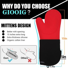 GIOOIG Extra Long Silicone Oven Mitts and Pot Holders, 15”Oven Mitts Heat Resistant 500F, Oven Mits with Quilted Liner Non-Slip Textured Grip, Perfect for BBQ, Baking, Cooking, Grilling (Red & Black)