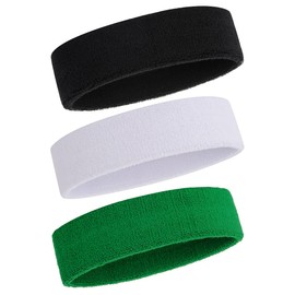 ONUPGO Sweatband Headband Men & Women - 3 Pieces Sports Headbands Moisture Wicking Athletic Cotton Terry Sweatband Sweat-Absorbing Headband 3 Black/White/Green