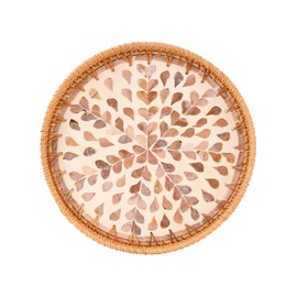 Rattan Serving Tray with Mother of Pearl Inlay for Home Decor and Coffee Table Decor Wicker and Woven Tray Round Decorative Serving Tray