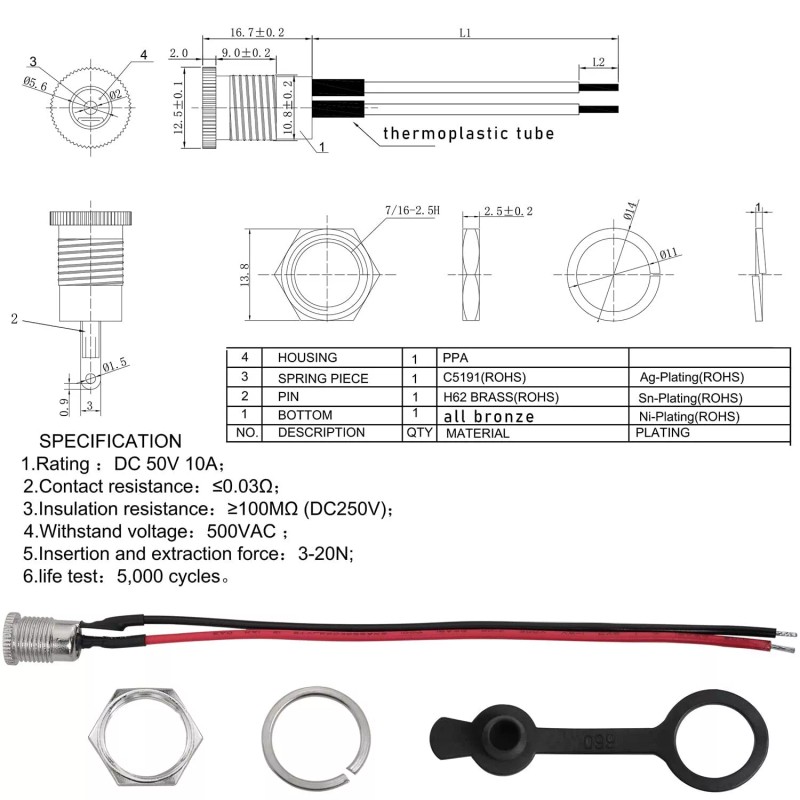 LUORNG 5Sets DC Power Jack Socket Threaded Male Panel Mount