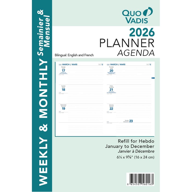 Quo Vadis 2026 Refill for Hebdo - Bi-Lingual (EN/FR) -