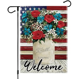 4th of July Mason Jar Flowers Summer Garden Flag 12x18, Sided Decorative Burlap Yard Flag for Memorial Day Independence Day, Patriotic Celebration Double Outside Decoration Holiday Festivities