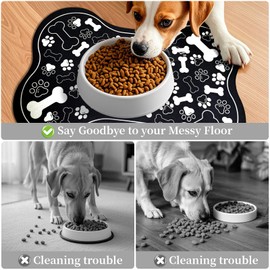 Dog & Cat Food Mat Bone Shaped Pet Feeding Mat Quick Absorb Water Bowl Placemat with Rubber Backing Indoor Floor Stain Resistant Pet Accessory Supplies (Black, 12x18 Inches)