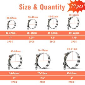 WYSIWYKA 14 Pcs 7 Sizes T-Bolt Hose Clamps, 304 Stainless Steel Turbo Intake Intercooler Clamp,Working Range 32-91mm for 1-3" Hose ID, Radiator Hose Clamps Assortment Set