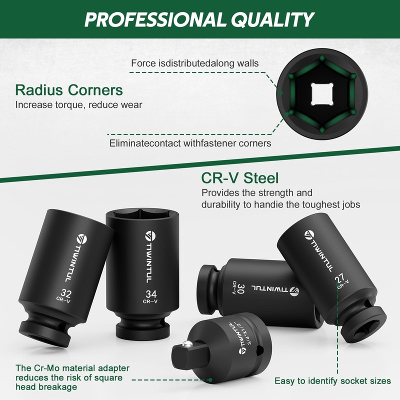 TIWINTUL 11-Piece Axle Nut Socket Set, Metric 1/2 Impact Socket