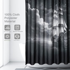 Lokigo Nautical Sailboat Shower Curtain, Marine Theme Sea Ocean Coastal Pirate Ship Anchor Sailor Moon Star Waves Curtains, Waterproof Fabric Shower Curtains Bath Decor, 72" x 72", Black & White
