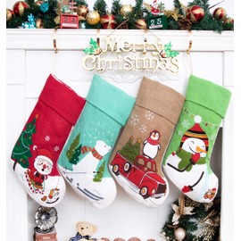 Set of 5 Christmas Stockings(20inch) Embroidered Linen Burlap Applique Fireplace Hanging Christmas Ornament for Family Decorations Holiday Xmas Gift