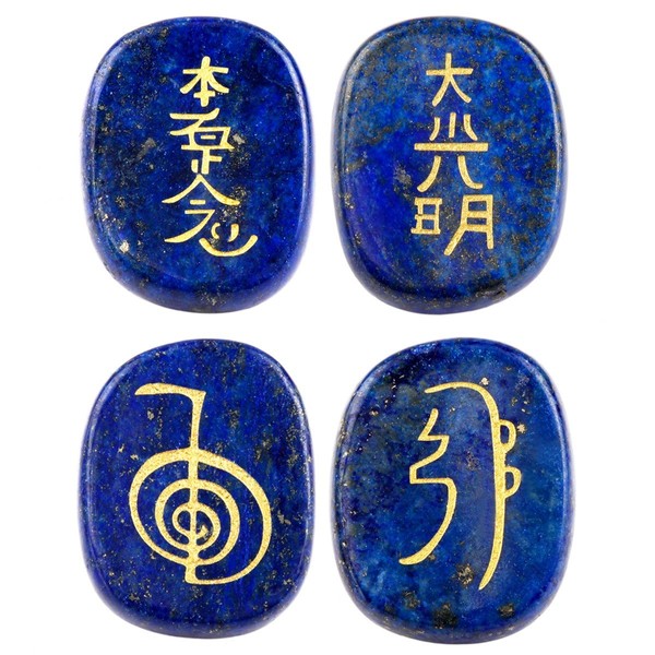 mookaitedecor 4 Piece Lapis Lazuli Stones Engraved Chakra Symbols Polished Palm Stones for Reiki Crystal Healing