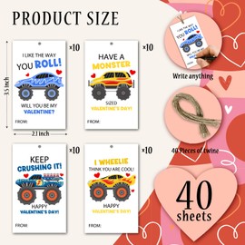 40 Pcs Valentine's Day Paper Gift Tagsc with Hemp Rope Monster Truck Theme Present Wrap Hang Label Kids Hang Name Label Valentine's Day Anniversary Party Wrapping Supplies (4 Designs) -L598