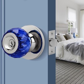 LOQRON Crystal Door Knob with Privacy Lock, Blue Glass Interior Door Knob with Keys and Lock, Round Design Crystal Doorknob for Bathroom Bedroom, Satin Nickel