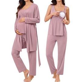 SWOMOG Women Maternity Nursing Robe Set 3 Piece Breastfeeding Pajamas 3 in 1 Labor Delivery Sleeveless Pregnancy Pjs & Pants