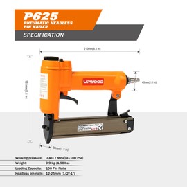 UPWOOD P625 Pneumatic 23 Gauge Headless Pin Nailer, 1/2-Inch to 1-Inch Leg Length Air Powered Micro Pinner for Furniture, Cabinets, Interior Decoration