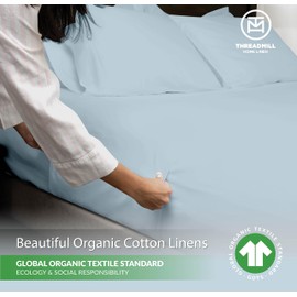 Threadmill 100% Organic Cotton Sheet Set - Full, 4 Piece, Light Blue - GOTS Certified - Lightweight and Cooling Sheets with All-Around Elastic for Fitted Sheet Upto 16" Deep Pocket