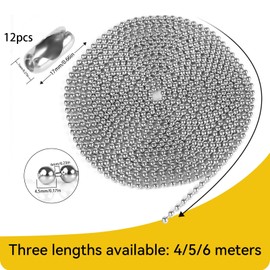 Weysoo Roller Blind Chain 6 Meter, 4.5MM Blind Cord with 12pcs Chain Connectors, Rust-proof Roll Blind Spares Metal Roller Blind Fittings for Curtain Rods, Blackout, Roman Blinds