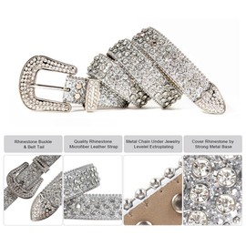 Rhinestone Belt for Women Men, Western Leather Belts Cowgirl Cowboy Punk Studded Crystal Belt for Jeans Dresses Pants, White, 50: fits waist from 37"-39"