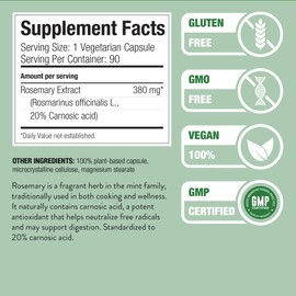 Nature Restore Rosemary Extract Supplement, Standardized to 20 Percent Carnosic Acid, 90 Capsules, Manufactured in USA, Non GMO, Gluten Free