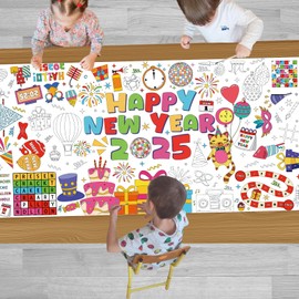YQUQWN Giant Happy New Year Coloring Poster - 35.5×72 Inch Disco Ball Poster Tablecloth - Happy New Years Eve Crafts Party Favors - New Year Kids Activities Party Decoration Supplies