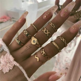 TseenYi Boho Vintage Rings Set Gold Stackable Joint Knuckle Rings Multiple Midi Joint Finger Rings Retro Hand Ring Accessories Jewelry for Women and Teen Girls (Pattern 1)