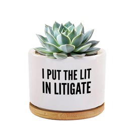 I Put The Lit in Litigate Ceramic Succulent Plant Pot with Bamboo Tray Round Lawyer Gifts to Attorney Law Student Graduation Gifts Home Office Decor Plant Lover 3.5 Inch White