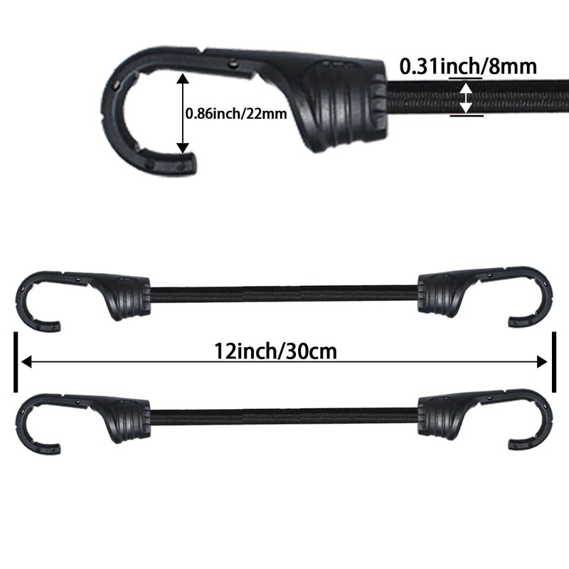 MARRTEUM 12-Inch Bungee Cords with Hooks Black Elastic Rope Straps