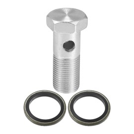 A ABSOPRO Car Brake Line Fitting Adapter 2.13" Length M18x1.5 Brake Line Thread Single Hollow Bolt with 2 Copper Washers