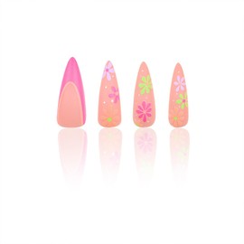 SINHOT Stiletto Press on Nails Long - Pink Green French Tip Fake Nails Matte Glue on Nails Acrylic Nail Supplies Almond Artificial Nail Art Summer Flower Stick on False Nails with Design DIY 24 pcs