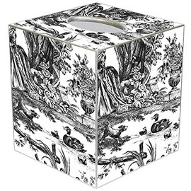 Marye-Kelley, Black & White French Toile Paper Maché Cubed Tissue Box Cover, Silver Trim