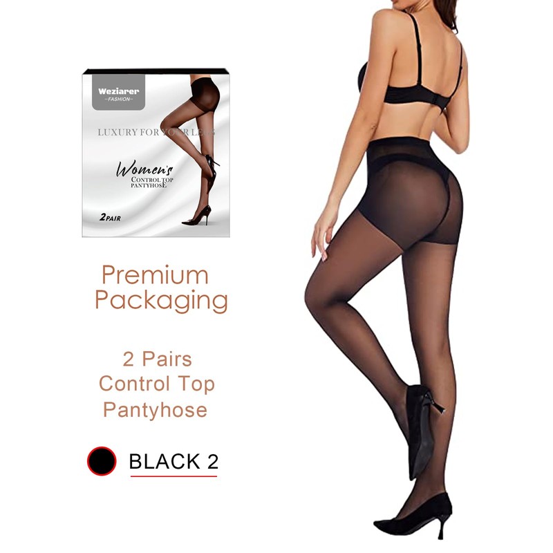 Weziarer 2 Pairs Women's Control Top Pantyhose - 20D Sheer