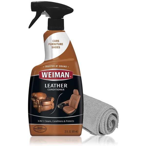Weiman Leather Cleaner and Polish for Furniture & Car with Microfiber Cloth - Non Toxic Clean and Condition Car Seats, Shoes, Couches and More - 22 Fluid Ounces