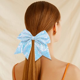 Oaoleer 12PCS 7" Large Glitter Cheer Hair Bows Ponytail Holder Elastic Band Handmade for Cheerleading Teen Girls College Sports (Sequin Sky Blue 12PCS)