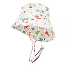 JUPSK Toddler Sun Hat Kids Summer Bucket Hat UPF50 Wide Brim Dinosaur Beach Flap Cap with Adjustable Chin Strap for Child Baby Boys Girls 6-12 Months White