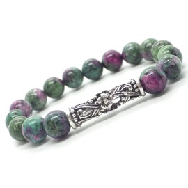 Armband in grün und rot Jade und zentrale tibetische Perle in filigran