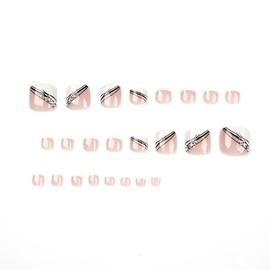 Cubahop 24pcs French Square Rhinestone Fake ToeNails Nude Glitter Powder False Toenails Colour Matching Glossy Toe Nail Tips for Women and Girls (B)
